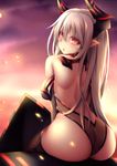  ass back breasts colo_mag-chan fi-san granblue_fantasy highres horns large_breasts long_hair looking_at_viewer looking_back pointy_ears red_eyes silver_hair solo sunset 