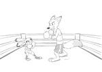  3_toes black_nose boxing boxing_gloves canine clothing disney drawing-4ever duo female fox fur inner_ear_fluff judy_hopps lagomorph long_ears male mammal monochrome nick_wilde paws rabbit ring size_difference sketch sport tall toes zootopia 