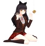  :p black_bow black_hair black_legwear blake_belladonna blush bow hands_up highres kneehighs long_hair narynn plaid plaid_skirt rwby school_uniform sitting skirt solo thighs tongue tongue_out tuna wariza white_background yellow_eyes 