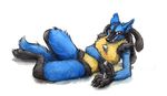  2015 4_fingers 4_toes absurd_res ambiguous_gender anthro black_fur black_lips black_nose blue_fur canine claws detailed digitigrade ears_back fluffy fluffy_tail fur gloves_(marking) handpaw hi_res hindpaw inner_ear_fluff kenket licking long_mouth looking_back lucario lying mammal markings nintendo on_side orange_eyes paws pok&eacute;mon realistic shadow simple_background snout socks_(marking) solo spikes tan_fur toes tongue tongue_out video_games white_background yellow_fur 