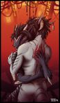  anthro bare_back black_hair blood claws curved_horn detailed_background dinosaur duo hair horn hug lolzguy nude raptor theropod 