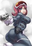  1girl ass blue_eyes bodysuit cassette_girl female gun handgun highres pink_hair pistol ryukenden solo weapon 