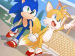  123autumn anthro blue_eyes blush canine chest_tuft clothing duo footwear fox fur gloves green_eyes hair hand_holding hedgehog male mammal miles_prower open_mouth outside shoes smile sonic_(series) sonic_the_hedgehog standing tree tuft 