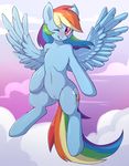  2016 blue_feathers blue_fur blush cloud cutie_mark equine feathered_wings feathers female fensu-san friendship_is_magic fur hair hi_res hooves looking_at_viewer mammal multicolored_hair my_little_pony one_eye_closed outside pegasus pussy pussy_juice rainbow_dash_(mlp) rainbow_hair solo spread_wings wings 