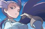  1girl breasts gloves gym_leader helmet long_hair mizutani_megumi nagi_(pokemon) pokemon pokemon_oras ponytail purple_eyes purple_hair sky solo wink 
