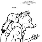  2016 anthro black_and_white canine clothed clothing controller dialogue disney duo english_text female fox hug judy_hopps lagomorph male male/female mammal monochrome nick_wilde nuzzling police_uniform rabbit remote_control replytoanons simple_background text uniform white_background zootopia 