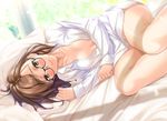  bed bed_sheet black-framed_eyewear blush breasts brown_eyes brown_hair cleavage dutch_angle glasses looking_at_viewer lying medium_breasts naked_shirt nayuta69 on_side open_clothes open_shirt original shirt short_hair solo 