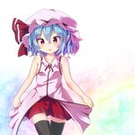  1girl :o adapted_costume bare_arms black_legwear blue_hair cowboy_shot cross_eyed gradient gradient_background hat hat_ribbon looking_at_viewer mob_cap pointy_ears red_eyes red_skirt remilia_scarlet ribbon shirt short_hair skirt sleeveless sleeveless_shirt solo thighhighs touhou 