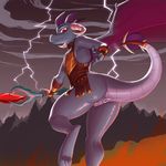  2016 anthro anus butt dragon female flat_chested friendship_is_magic holding_object horn kevinsano lightning my_little_pony outside princess_ember_(mlp) pussy red_eyes scepter solo staff wings 