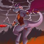  2016 anthro anus butt clothing dragon female flat_chested friendship_is_magic holding_object horn kevinsano lightning my_little_pony outside princess_ember_(mlp) pussy red_eyes scepter solo staff underwear wings 