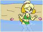  animal_crossing beach bikini breasts canine clothing isabelle mammal nintendo one_eye_closed seaside shells swimsuit video_games water wink 