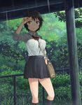  bag between_breasts bow bowtie breasts brown_eyes brown_hair dress_shirt hashi kneehighs medium_breasts original rain red_bow red_neckwear school_uniform shirt short_hair skirt solo strap_cleavage tree wet wet_hair 