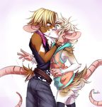  5_fingers ambiguous_gender anthro blonde_hair blue_eyes brown_fur clothed clothing duo eyes_closed eyewear fur girly glasses hair kissing male mammal moenkin mouse rodent simple_background standing white_background white_fur 