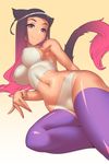  animal_ears breasts covered_nipples dark_skin final_fantasy final_fantasy_xiv gradient gradient_background gradient_hair groin impossible_clothes large_breasts long_hair looking_at_viewer lying miqo'te multicolored_hair navel on_side panties purple_eyes sideboob skin_tight smile solo tail thighhighs thighs tomoyuki_kotani underwear 