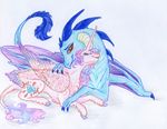  absurd_res blue_scales claws cutie_mark dawn22eagle dragon duo ember_(mlp) equine eyelashes eyes_closed feathers female feral flurry_heart_(mlp) friendship_is_magic fur hi_res hooves horn mammal membranous_wings my_little_pony pink_feathers pink_fur red_eyes scales simple_background smile traditional_media_(artwork) white_background winged_unicorn wings 