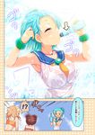  3girls ^_^ alternate_hairstyle aqua_hair armpits bandeau bangle blonde_hair bra bracelet brown_hair cafe-chan_to_break_time cafe_(cafe-chan_to_break_time) closed_eyes comic directional_arrow double_bun drinking emphasis_lines hair_bobbles hair_ornament hand_in_hair jewelry multiple_girls neckerchief necklace o_o personification pointing porurin ramune ramune_(cafe-chan_to_break_time) sailor_collar see-through short_hair tea_(cafe-chan_to_break_time) translation_request underwear water_drop wet wet_clothes 
