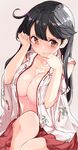  :q absurdres ahoge black_hair blush breasts brown_eyes bust_cup clenched_hand collarbone highres japanese_clothes jpeg_artifacts kantai_collection kengorou_saemon_ii_sei large_breasts long_hair open_clothes simple_background skirt solo suggestive_fluid tongue tongue_out ushio_(kantai_collection) 