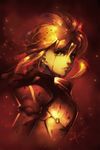  2016 armor artist_name artoria_pendragon_(all) blonde_hair blood blood_on_face bloody_clothes bloody_tears breastplate crying dated fate/stay_night fate_(series) from_side green_eyes hein27 light_particles lips long_hair long_sleeves looking_at_viewer nose orange_(color) parted_lips saber sad scratches shiny shiny_hair solo sparks teeth upper_body 