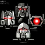  80s bohemian_rhapsody decepticon glowing glowing_eyes greyscale kamizono_(spookyhouse) mecha megatron monochrome multiple_boys no_humans oldschool queen_(band) red_eyes robot shockwave_(transformers) smile soundwave starscream transformers twitter_username 