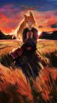 absurdres animal_ears apple blush food fruit heoningu highres holo long_hair looking_at_viewer orange_hair red_eyes smile solo spice_and_wolf sunset wheat wheat_field wolf_ears 