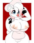  2016 absurd_res anthro apron areola bear big_breasts bimbo_(bakery) bimbo_bear blue_eyes bottomless breasts chef_hat clothed clothing eyelashes female hair hat hi_res kloudmutt lips lipstick makeup mammal mascara multicolored_hair naked_apron nipples pawpads pussy simple_background solo two_tone_hair white_background 