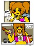  2016 avian bandanna bird cannibalism chicken clothing comic datfurrydude eating fingerless_gloves five_nights_at_freddy&#039;s five_nights_at_freddy&#039;s_2 five_nights_at_freddy&#039;s_4 food fried_chicken gloves heterochromia machine nightmare_chica_(fnaf) robot toy_chica_(fnaf) video_games 