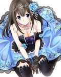  bare_shoulders black_gloves black_hair black_legwear blue_dress blue_eyes blush breasts cleavage collarbone commentary_request dress floral_print flower from_above gloves hair_flower hair_ornament hairband idolmaster idolmaster_cinderella_girls idolmaster_cinderella_girls_starlight_stage jewelry lace lace_gloves large_breasts long_hair looking_at_viewer looking_up necklace print_gloves rikudou_inuhiko sagisawa_fumika sitting smile solo strapless strapless_dress thighhighs wariza 