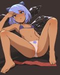  (9) 1girl artist_request blue_eyes blue_hair blush bow cirno condom_packet_strip condom_wrapper erect_nipples hair_bow ice ice_wings panties short_hair solo tan tanline touhou underwear wings 