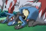  anal anal_penetration animal_genitalia animal_penis anthro ass_up black_fur blue_fur canine canine_penis clothing colored crying cum cum_in_ass cum_inside cum_while_penetrated duo fur hands-free lucario lycanroc male male/male mammal midnight_lycanroc nintendo orgasm penetration penis pok&eacute;mon questionable_consent q太郎 red_eyes simple_background tears video_games were werewolf white_background wolf 