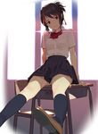  arm_support black_legwear black_skirt blurry blush bow bowtie breasts brown_eyes chair chromatic_aberration classroom clenched_teeth depth_of_field desk hair_ribbon head_tilt indoors kimi_no_na_wa kneehighs light loafers looking_at_viewer mibu_natsuki miyamizu_mitsuha on_desk parted_lips pleated_skirt red_bow red_neckwear red_ribbon ribbon school_desk school_uniform shirt shirt_tucked_in shoes short_sleeves sitting sitting_on_desk skirt small_breasts solo teeth white_shirt window 