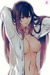  adjusting_hair arms_behind_head arms_up breasts center_opening collarbone fate/grand_order fate_(series) large_breasts lips long_hair looking_to_the_side naked_shirt navel nishi_juuji no_bra no_panties open_clothes open_shirt parted_lips purple_hair red_eyes scathach_(fate)_(all) scathach_(fate/grand_order) see-through shirt simple_background solo white_background white_shirt 