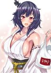  bag black_hair breasts cleavage collarbone commentary_request detached_sleeves eyebrows eyebrows_visible_through_hair hair_ornament highres huge_breasts kantai_collection looking_at_viewer messy_hair nakau open_mouth red_eyes sankakusui shiny shiny_hair shiny_skin short_hair sideboob solo yamashiro_(kantai_collection) 