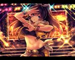  antenna_hair bangle beyond_the_vibes black_hair blue_eyes bracelet breasts commentary_request earrings ganaha_hibiki hoop_earrings idolmaster idolmaster_(classic) ima_(lm_ew) jewelry large_breasts long_hair midriff navel ponytail solo stage 