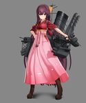 3d boots bow brown_eyes brown_footwear cel_shading full_body grey_background hair_bow hakama hand_on_hip highres japanese_clothes kamikaze_(kantai_collection) kantai_collection long_hair looking_at_viewer pink_hakama pomp-chou ponpu-chou purple_hair simple_background solo very_long_hair yellow_bow 