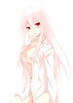  ayasato_karen bottomless breasts cleavage collarbone dress_shirt eyebrows eyebrows_visible_through_hair hair_between_eyes highres large_breasts long_hair looking_at_viewer naked_shirt original partially_unbuttoned red_eyes shirt silver_hair simple_background solo white_background white_shirt 