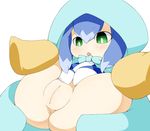  1girl ansui_(happycore) anus blue_hair blush clitoris eyebrows eyebrows_visible_through_hair female lying no_panties on_back open_mouth pussy shiny shiny_skin simple_background solo uncensored white_background youkai_watch yukionna_(youkai_watch) 