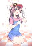  absurdres adjusting_eyewear barefoot blue_eyes checkered checkered_floor chitetan clothes_writing dr._slump glasses gloves hat highres long_hair norimaki_arale one_eye_closed open_mouth overalls purple_hair seiza short_sleeves sitting solo white_gloves 