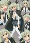  1girl anchovy anzio_school_uniform bangs belt black_footwear black_skirt blush cape closed_eyes closed_mouth crying dress_shirt drill_hair eating expressions food full_body girls_und_panzer green_hair grey_background hair_ribbon highres holding holding_pizza loafers long_hair long_sleeves looking_at_viewer miniskirt multiple_views necktie necktie_grab neckwear_grab open_mouth pantyhose pizza pleated_skirt red_eyes ribbon riding_crop school_uniform shirt shoes simple_background skirt smile standing sweat twin_drills twintails twitter_username white_legwear white_shirt yuuma_(noel) 