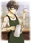  amamiya_ren apron black_hair cup glasses hijiri_ruka kettle male_focus persona persona_5 smile solo 