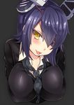  black_background blush breasts checkered checkered_neckwear eyepatch headgear kantai_collection large_breasts looking_at_viewer necktie open_mouth purple_hair school_uniform short_hair simple_background solo tenryuu_(kantai_collection) yellow_eyes yukinojou_yakan 