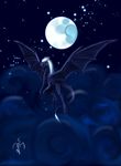  ambiguous_gender dalagar detailed_background dragon feral flying hair horn membranous_wings moon night nude open_mouth outside sky solo spread_wings star starry_sky teeth white_hair wings 