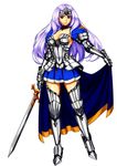  1girl annelotte armor armored_dress blue_eyes boots breasts cape choker cleavage contrapposto eiwa forehead_protector gauntlets greaves large_breasts legs long_hair lost_worlds purple_hair queen&#039;s_blade queen&#039;s_blade_rebellion skirt solo spaulders thigh_boots thighhighs thighs zettai_ryouiki 