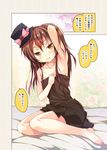 arm_behind_head armpits bangs barefoot bed_sheet blush bow brown_eyes brown_hair cafe-chan_to_break_time cafe_(cafe-chan_to_break_time) coffee_beans comic commentary_request hair_between_eyes hand_in_hair hat hat_bow long_hair looking_at_viewer naked_towel pink_bow porurin sitting smile solo towel translation_request yokozuwari 