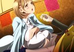  1boy 1girl blonde_hair breasts brown_eyes brown_hair bursting_breasts dress hair_clip hair_ornament hetero highres imaani indoors lying narusawa_ryouka no_bra occultic;nine on_stomach open_mouth paizuri paizuri_under_clothes shirt short_hair solo_focus underboob 