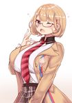  breasts brown_eyes brown_hair glasses gradient gradient_background hair_ornament hairclip large_breasts narusawa_ryouka necktie occultic;nine one_eye_closed osiimi pink_background plaid plaid_skirt school_uniform short_hair simple_background skirt solo white_background yawning 