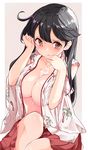  ahoge alternate_costume areolae black_hair blush breasts brown_eyes bust_cup cleavage cum cum_on_body cum_on_breasts cum_on_upper_body hair_tucking kantai_collection kengorou_saemon_ii_sei large_breasts long_hair looking_at_viewer no_bra open_clothes solo tongue tongue_out ushio_(kantai_collection) 