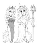  5_fingers anthro clothed clothing dress duo equine evehly eyelashes feathered_wings feathers female friendship_is_magic greyscale hair hooves horn mammal monochrome my_little_pony princess_celestia_(mlp) princess_luna_(mlp) smile staff standing wide_hips winged_unicorn wings 