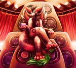  angel_dragon anthro beverage chair chalice chibity claws crossed_legs detailed_background dragon dutch_angel_dragon ear_piercing fluffy fur furred_dragon green_eyes lighting low-angle_view male multicolored_fur nude pawpads paws piercing reverb sitting solo speaker speakers throne toe_claws warm_colors wings 