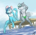  2014 andi_(byondrage) anthro blue_fur bulge byondrage canine chest_tuft clothed clothing docks duo eye_contact eyewear fox fur girly goggles grey_fur male mammal mayan_(themayanfox) mouse navel nipples one_eye_closed outside rodent skimpy smile speedo swimsuit topless tuft water wink 