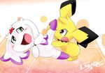  abstract_background ambiguous_gender blush brown_eyes calumon clyndemoon digimon female fur green_eyes interspecies mammal masturbation nintendo open_mouth pichu pok&eacute;mon pussy rodent semi-anthro video_games yellow_fur young 